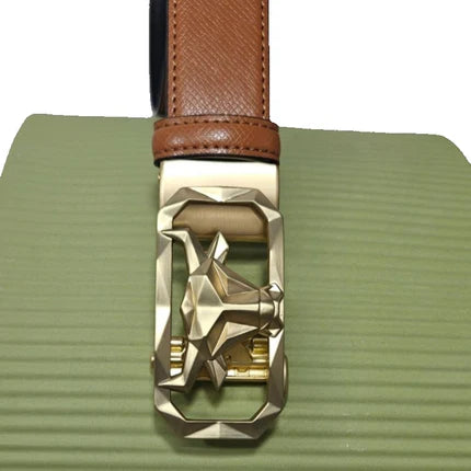 Men’s tan patterned leather belt by TMJ with gold bull’s head buckle, featuring a stylish design and durable leather strap.