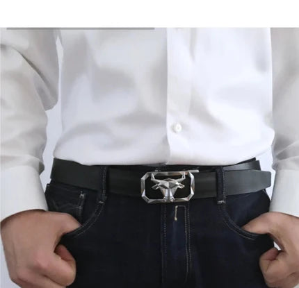 Men’s tan patterned leather belt by TMJ with a gold bull’s head buckle, featuring a stylish design and adjustable strap.