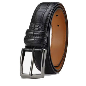 Men's black leather belt with crocodile pattern from TMJ, showcasing textured crocodile-embossed leather and classic design.