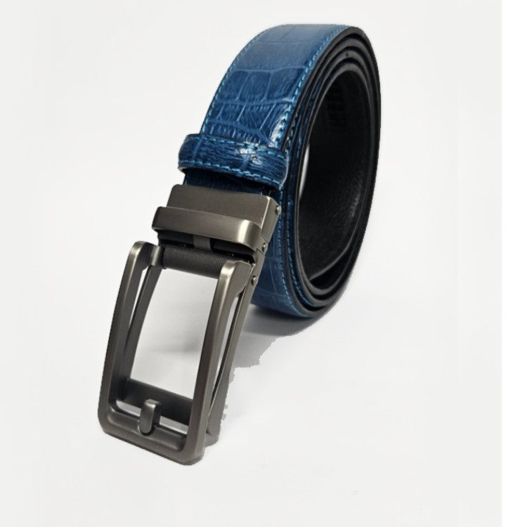 Men’s blue crocodile pattern leather belt by TMJ, showcasing sleek luxury and bold textured detail on a high-quality leather strap.