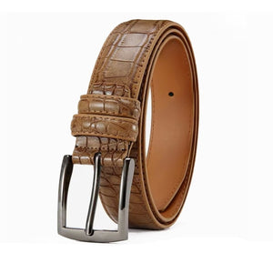 Men's brown crocodile pattern leather belt by TMJ, showcasing textured crocodile leather and classic buckle detail.
