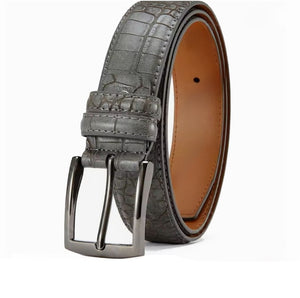 Men's gray leather belt with crocodile pattern from TMJ, featuring a sleek design and textured crocodile-embossed leather.
