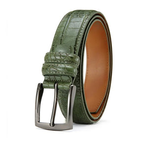 Men's green crocodile pattern leather belt by TMJ, showing textured crocodile skin design and sturdy leather strap.