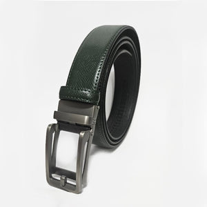 Men’s green patterned leather belt by TMJ, featuring modern elegance and bold edge design, displayed on a neutral background.