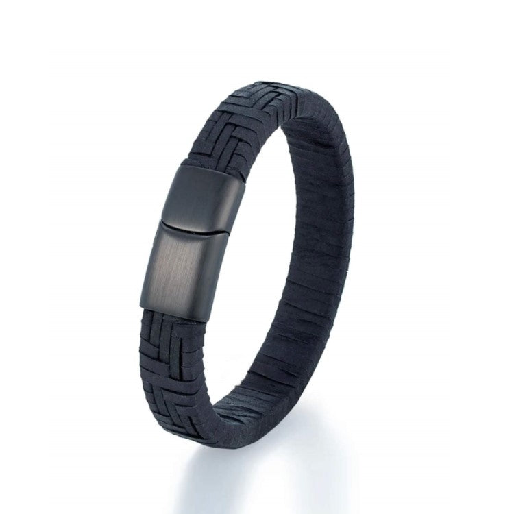Black genuine leather bracelet with braided design and stainless steel clasp, by TMJ, showcasing a stylish leather bracelet.