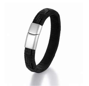 Black premium braided genuine leather bracelet with stainless steel clasp by TMJ, stylish and durable men's leather bracelet.