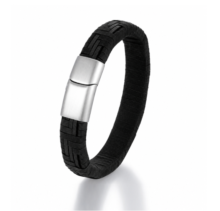 Black premium braided genuine leather bracelet with stainless steel clasp by TMJ, stylish and durable men's leather bracelet.