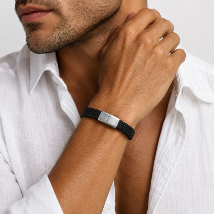 Premium black leather bracelet by TMJ featuring a braided genuine leather design and stainless steel clasp.