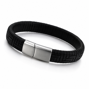 Black genuine leather bracelet with a braided design and stainless steel clasp, by TMJ, stylish men's accessory.