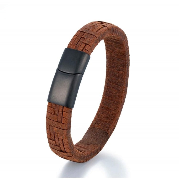 Brown genuine leather bracelet with a braided design and stainless steel clasp, stylish accessory from TMJ.
