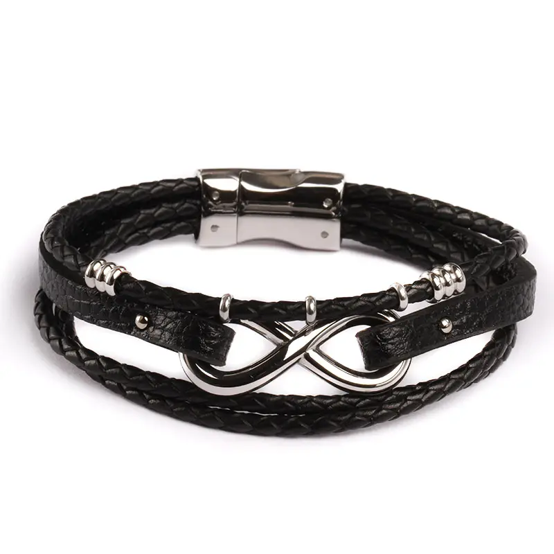 Men’s multi-layer braided leather bracelet with infinity motif by TMJ, featuring stylish leather strands and metal infinity charm.