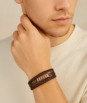 Stainless steel men's leather bangle with patina rose beads, stylish jewelry accessory featuring leather and decorative beads.