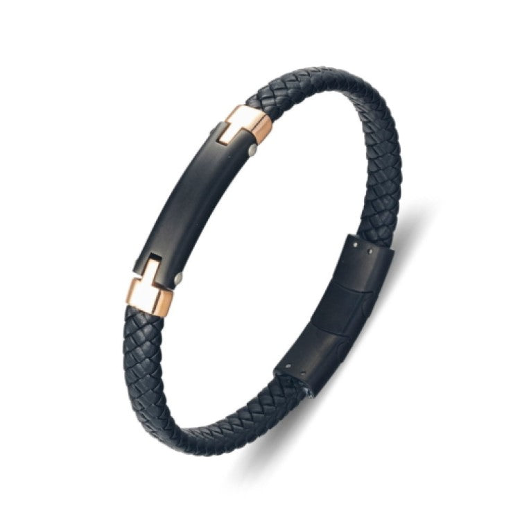 Men’s black braided leather bracelet with matte stainless steel clasp, rugged style, from TMJ, emphasizing craftsmanship and masculine design.