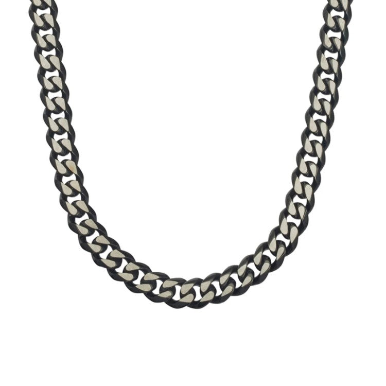 Stainless steel matte black and two-tone Cuban link chain necklace by TMJ, 50cm long, with bold, interlocking links.