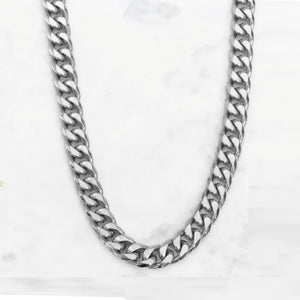 Stainless steel men's Cuban chain necklace, 8mm thick, with a sleek design, from TMJ, displayed on a plain background