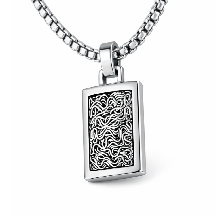 Luxury twisted wire inlay stainless steel dog tag pendant by TMJ, featuring a sleek, modern design with intricate wire detailing.