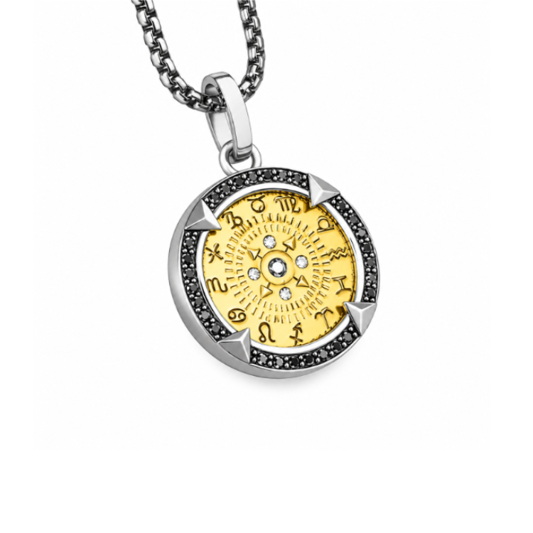 Silver and gold plated pendant with black crystal accents, featuring natural elements design by TMJ.