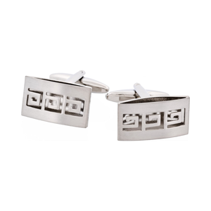 Brushed rhodium-plated TMJ cufflinks with cutout Greek key pattern, classic plain metal design for formal attire.
