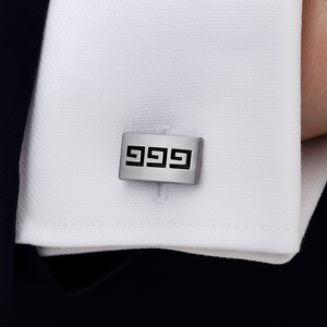 Brushed rhodium-plated cufflinks with cutout Greek key pattern, plain metal design by TMJ, elegant men's accessory.