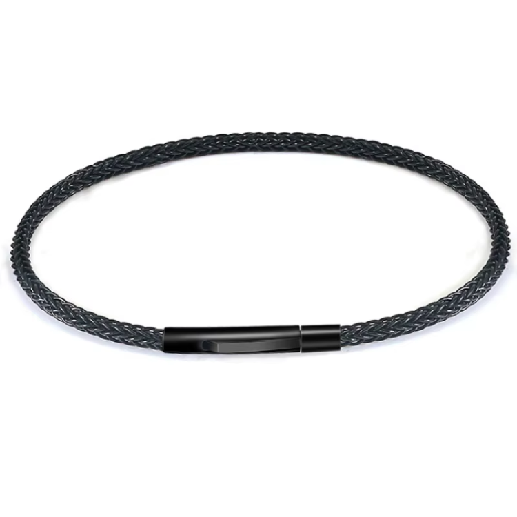 Stainless steel TMJ braided cable cord bracelet with 3mm thickness, black finish, 17cm length, stylish unisex jewelry accessory.