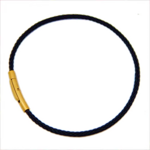 Black stainless steel braided cable cord bracelet with 3mm thickness, featuring a sleek design and TMJ branding.
