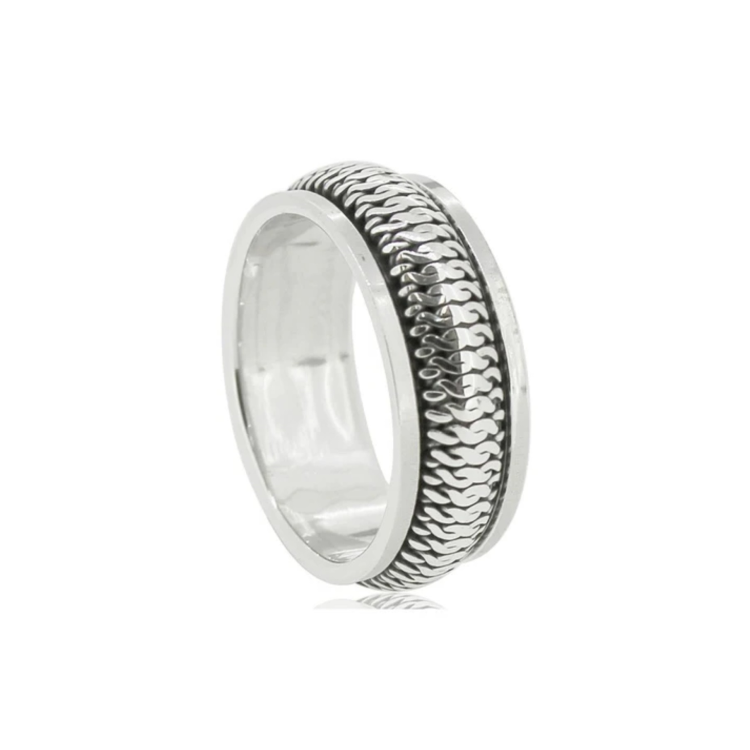 Stainless steel men's silver braided ring with a center design, crafted by TMJ, featuring a polished and durable finish.