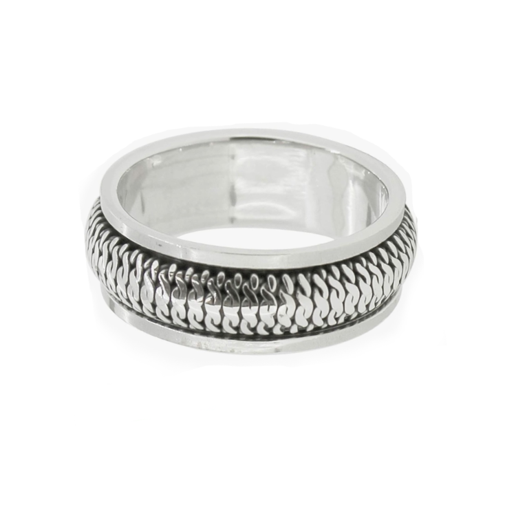 Stainless steel men's silver braided ring with a center design, showcasing a polished finish and intricate woven pattern.