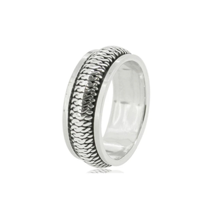 Stainless steel men's silver braided ring with a central design, crafted by TMJ, showcasing detailed metalwork.