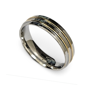 Elegant stainless steel and gold-plated satin finish ring by TMJ, showcasing a sleek design and polished surface.
