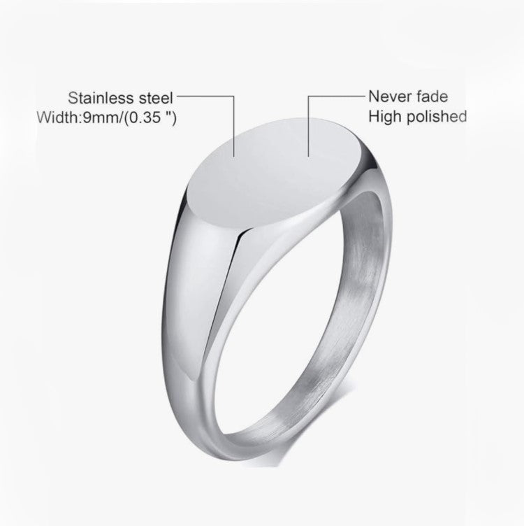 Stainless steel classic oval signet pinky ring by TMJ, featuring a smooth polished finish and oval shape, designed for stylish wear.