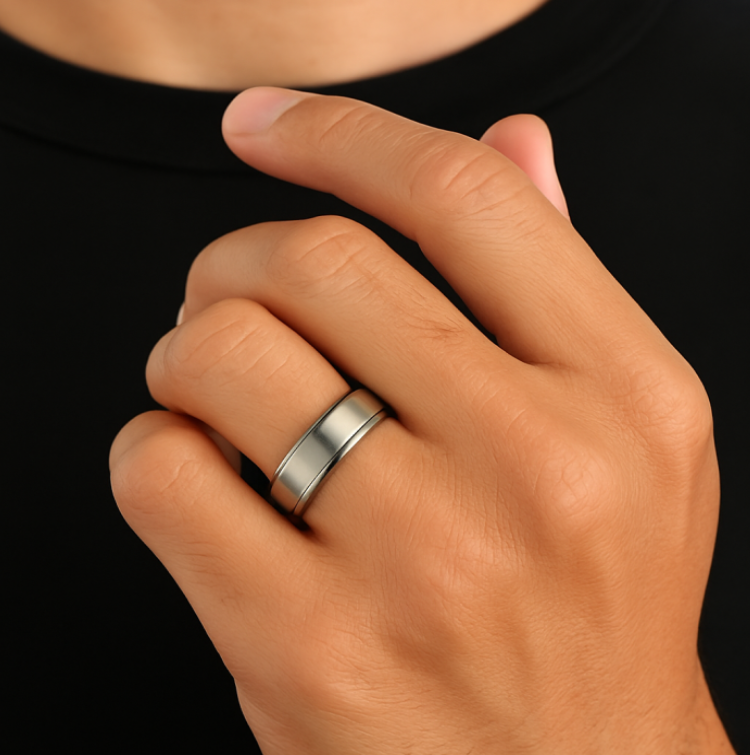 Sleek satin finish stainless steel ring from TMJ, featuring a smooth, polished design perfect for everyday wear.