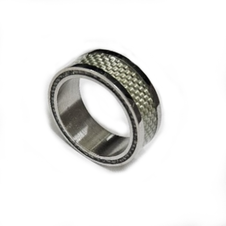 Sleek silver braided stainless steel ring with black carbon fiber inlay, crafted by TMJ, featuring a modern, stylish design.