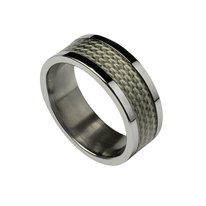 Sleek silver braided stainless steel ring with carbon fiber inlay, stylish TMJ stainless steel ring for modern jewelry wear