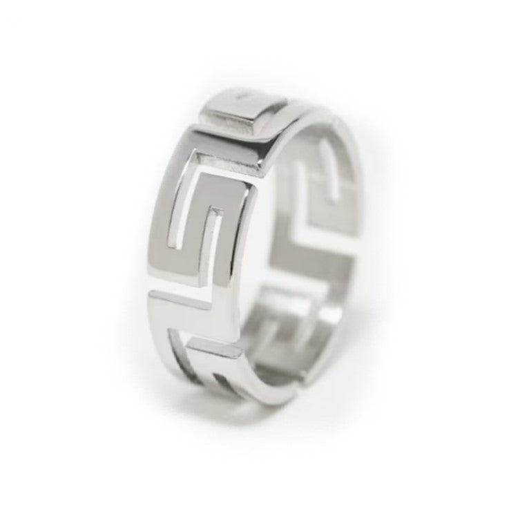 Stainless steel Greek cutout key pattern ring by TMJ, featuring intricate key-shaped design on a sleek band.