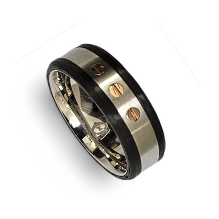 Sleek stainless steel ring by TMJ featuring carbon fiber and gold accents, showcasing a modern, stylish design.