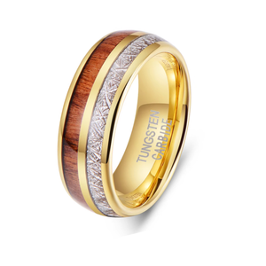 Domed tungsten carbide ring with meteorite and oak wood inlay by TMJ, showcasing a sleek, polished design with contrasting materials.