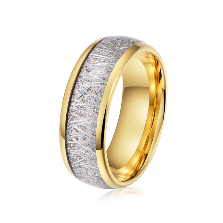 Elegant tungsten carbide ring with silver leaf meteorite inlay, crafted by TMJ, showcasing a sleek and unique design.