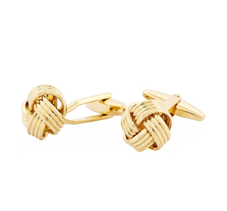 T.M.J gold twist knot cufflinks for men made from plain metal with a polished finish