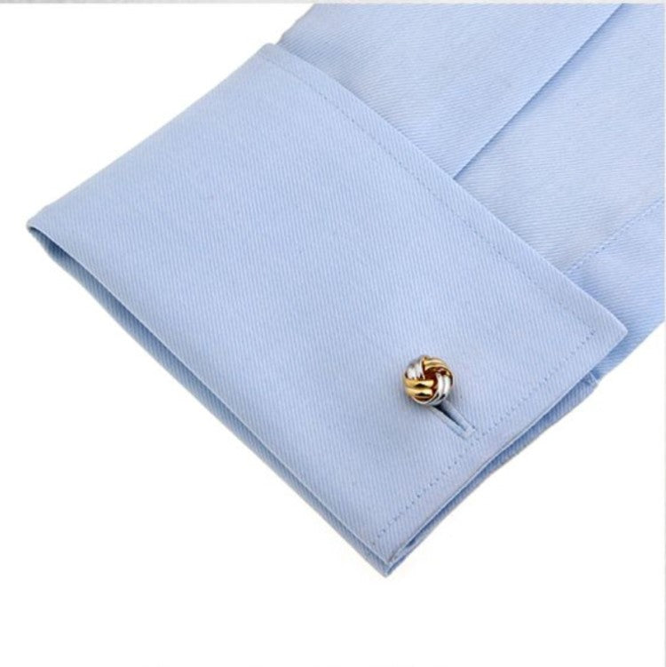 T.M.J plain metal twist knot cufflinks for men on light blue dress shirt cuff