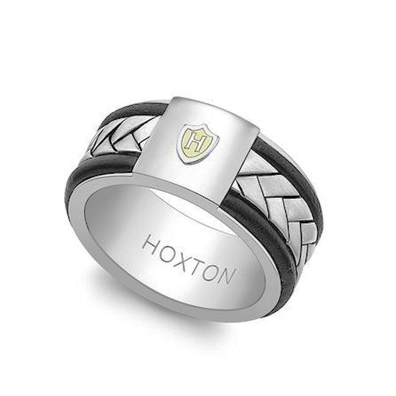 Hoxton silver ring for men with braided design and black accents featuring Hoxton logo