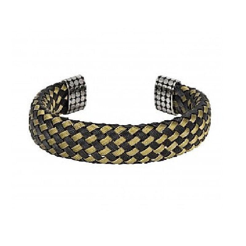 Cudworth Black and Gold Woven Steel Cuff BraceletEnhance your semi-formal attire with the Cudworth Black and Gold Woven Steel Cuff Bracelet. This distinctive accessory features a gold and black steel weave, complemStainless Steel BraceletsCudworthTheodore Men's JewelryCudworth Black and Gold Woven Steel
