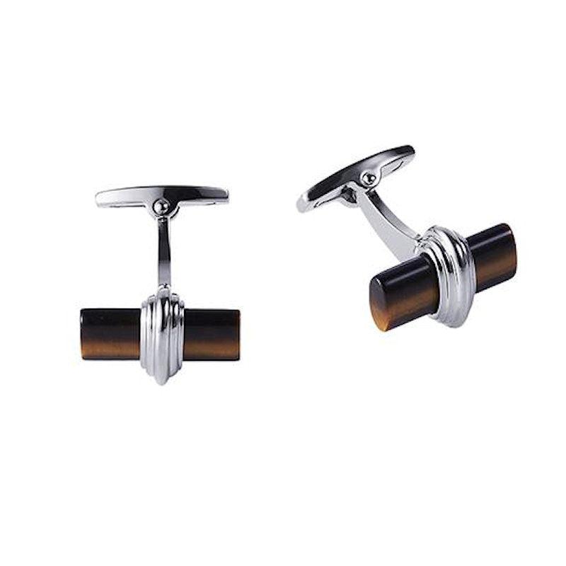 T.M.J stone cufflinks featuring sleek silver details and brown cylindrical stones Art Deco men's cufflinks