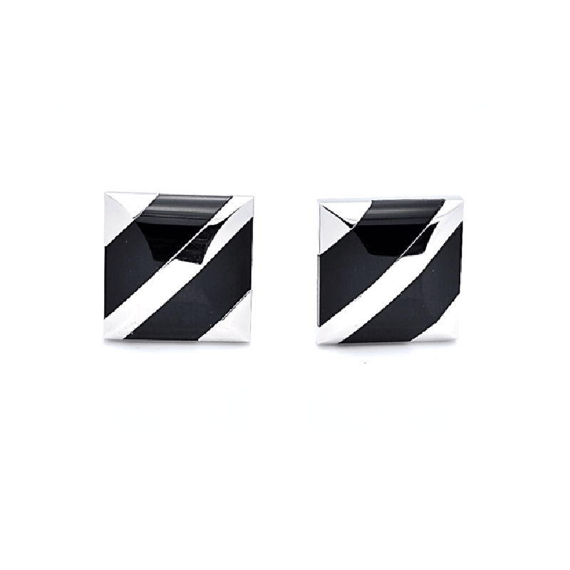 T.M.J black onyx cufflinks with silver diagonal stripes and square design