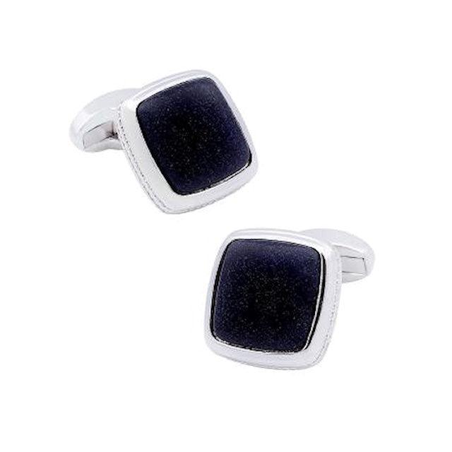 T.M.J blue gold sandstone cufflinks with square silver frame and polished stone center