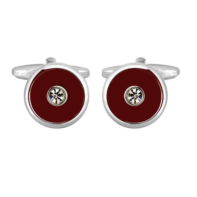 Dalaco burgundy enamel cufflinks with silver trim and central clear gemstone detailing