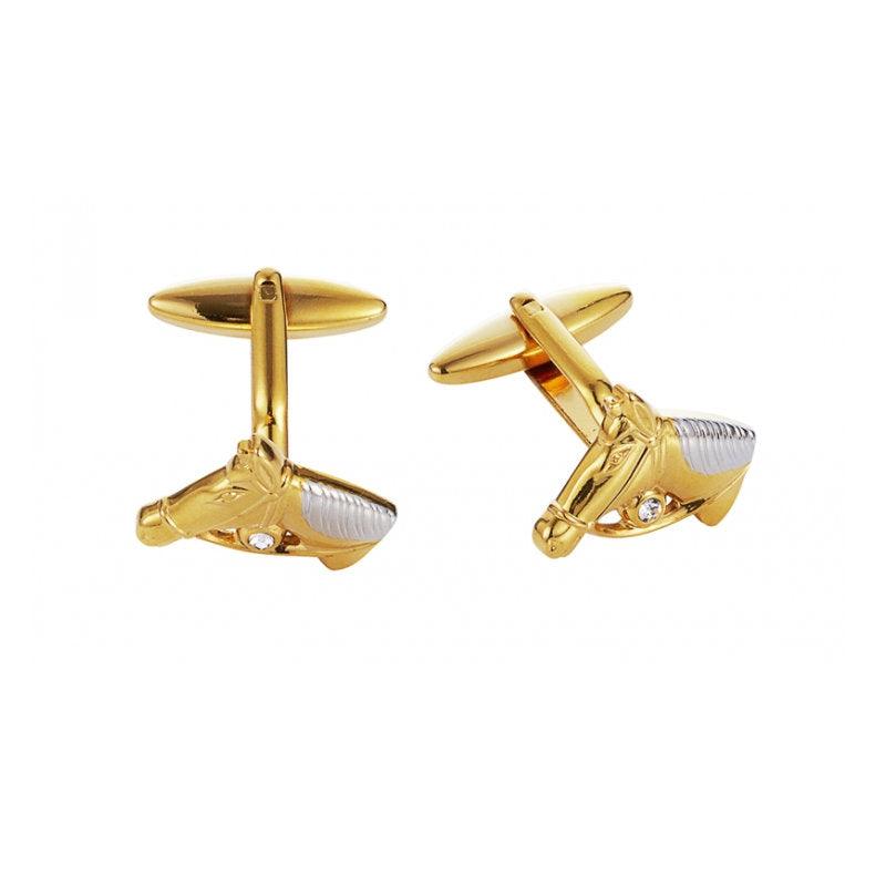 Cudworth gold and rhodium enamel horse head cufflinks featuring detailed horse design for men's formal wear.
