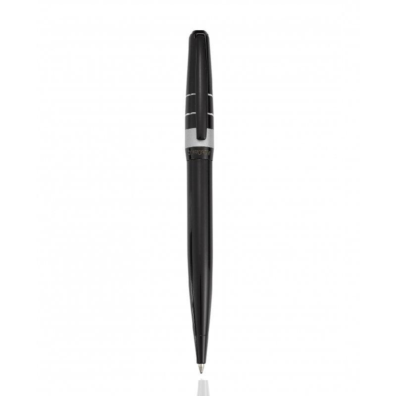 Cudworth Ball Point Roller Pen with sleek black barrel and silver clip, designed for smooth writing and comfortable grip.