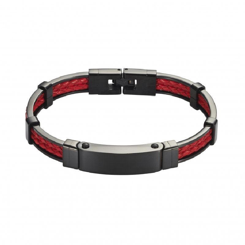 Cudworth stainless steel bracelet with red leather strap and locking clasp, stylish men's jewelry accessory.