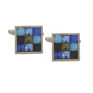 Dalaco rhodium-plated square crystal cufflinks with blue Swarovski crystals, showcasing a sleek, elegant design for formal wear.