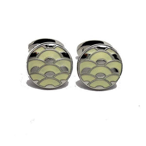 Elegant David Aster cloisonne cufflinks with white enamel and silver-tone edges, showcasing intricate enamel design.